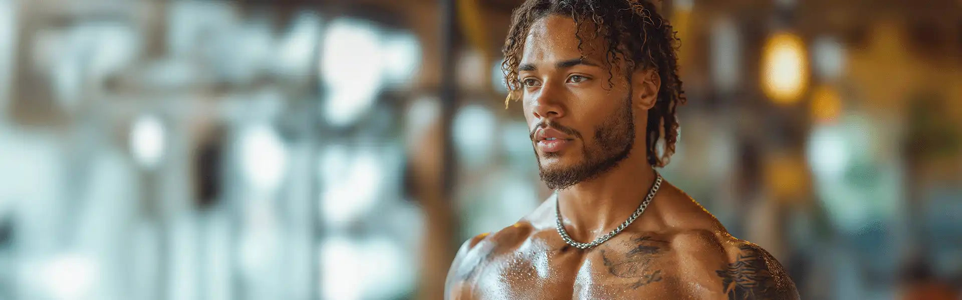 Athletic person with braided hair and glistening skin in what appears to be a workout setting.