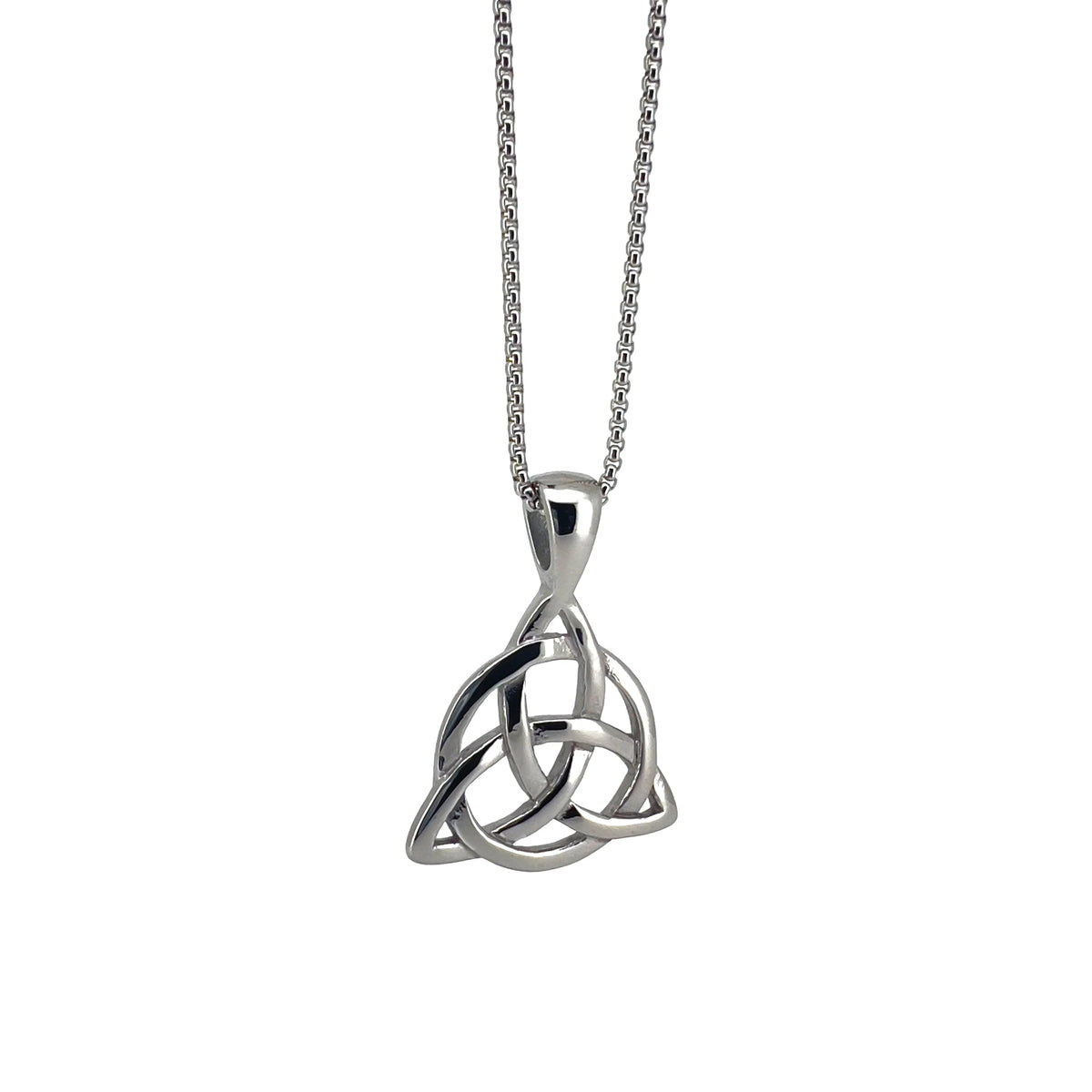 Silver Celtic trinity knot pendant on a chain necklace.