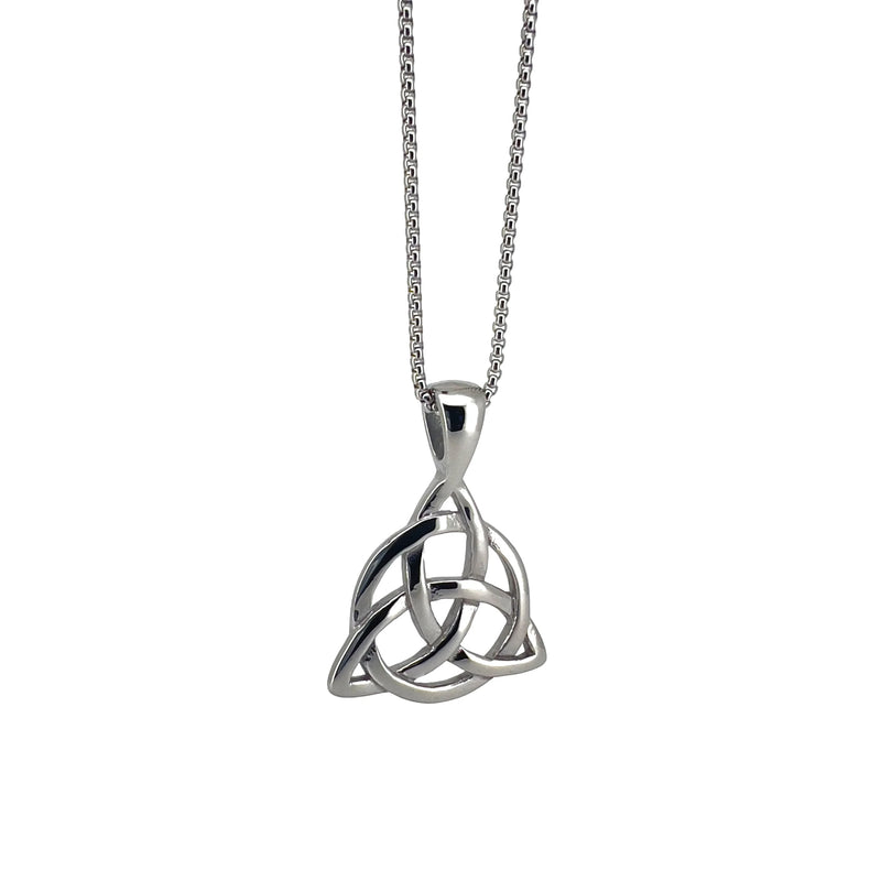 Silver Celtic trinity knot pendant on a chain necklace.