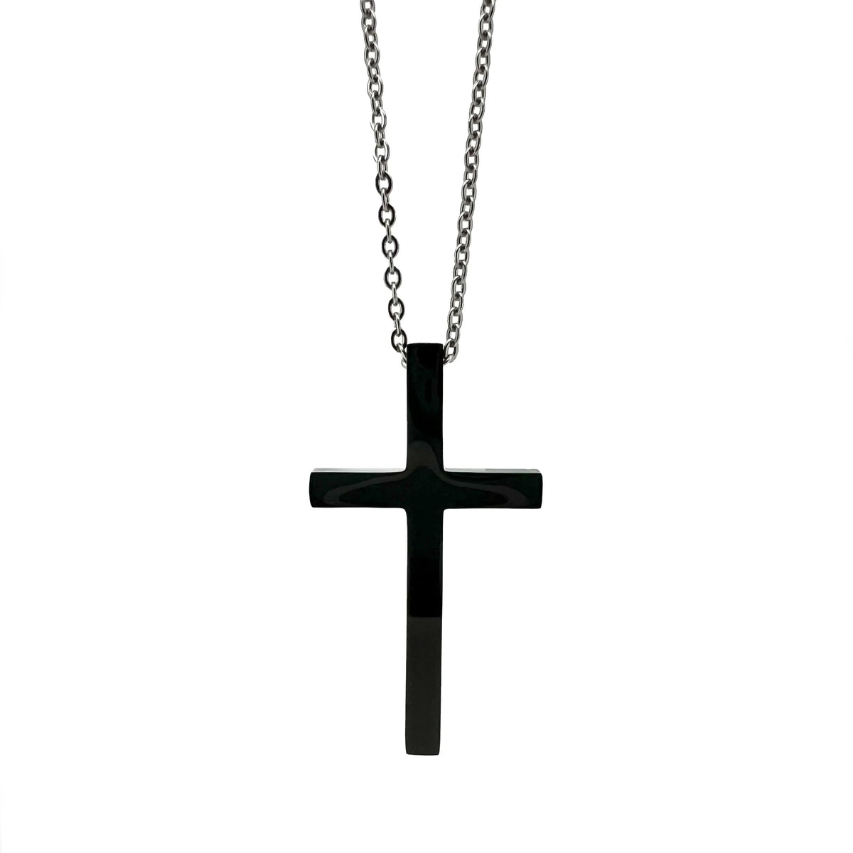 Black cross pendant on a silver chain necklace.