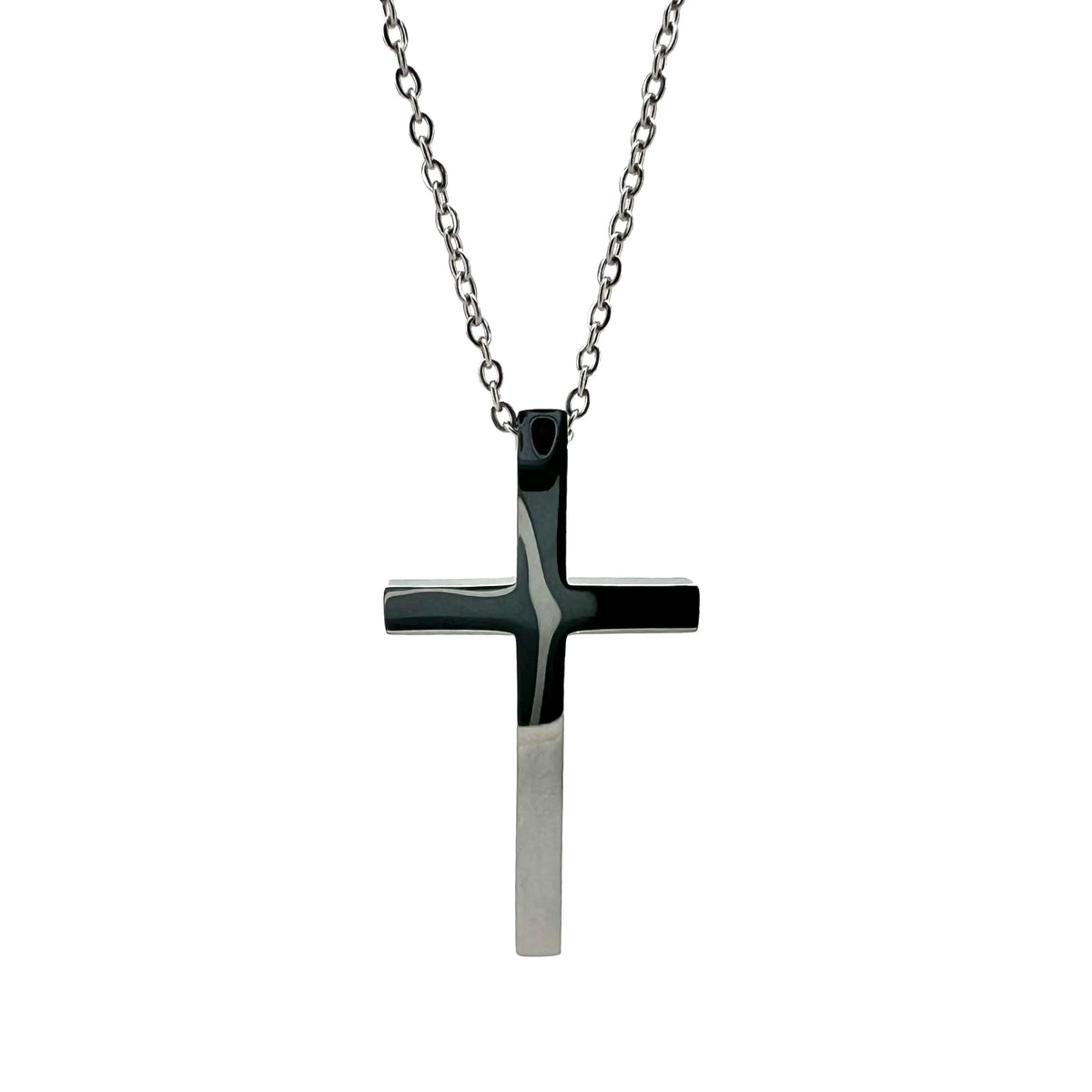 Cross pendant necklace with a black and silver design.