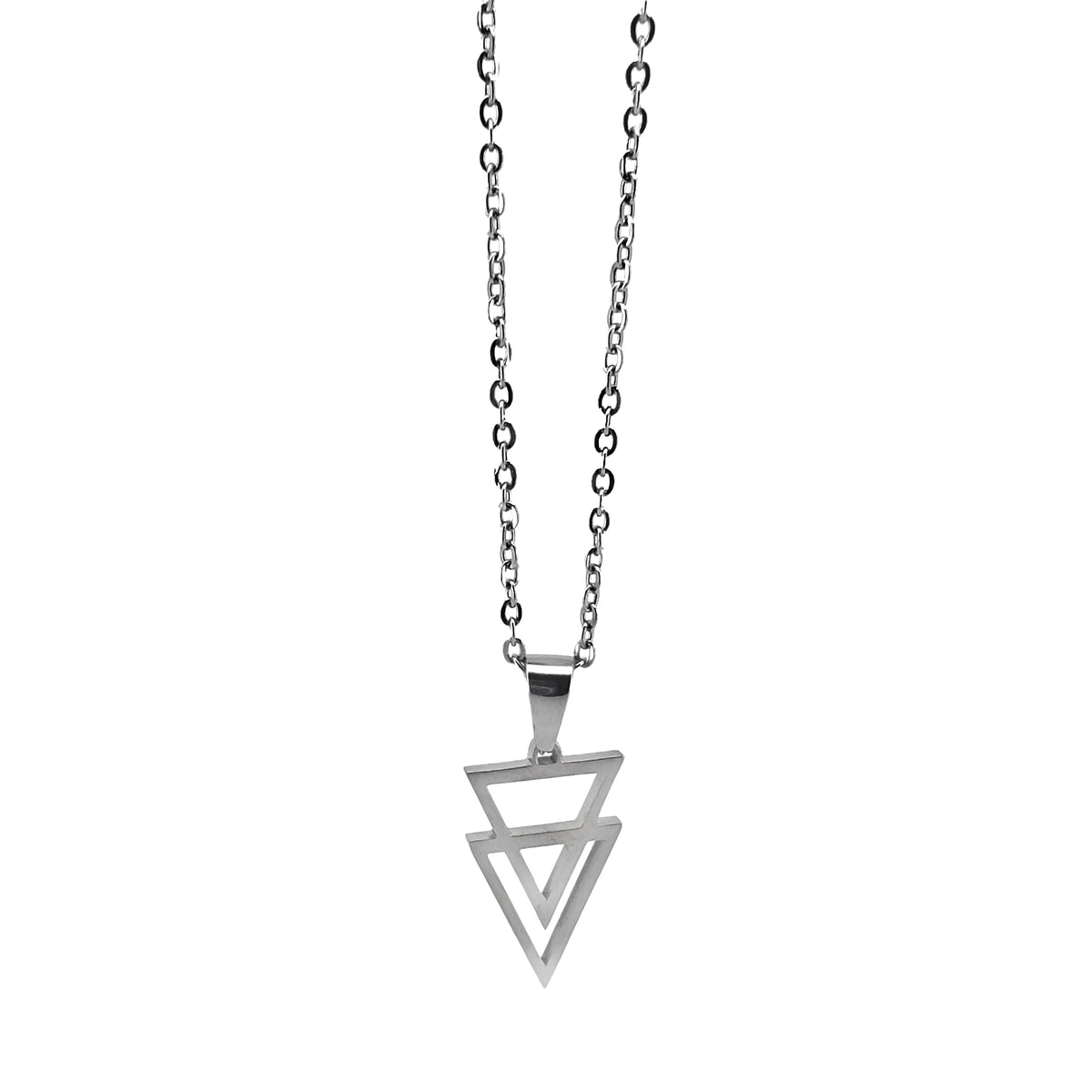 Silver pendant necklace with a double triangle design.