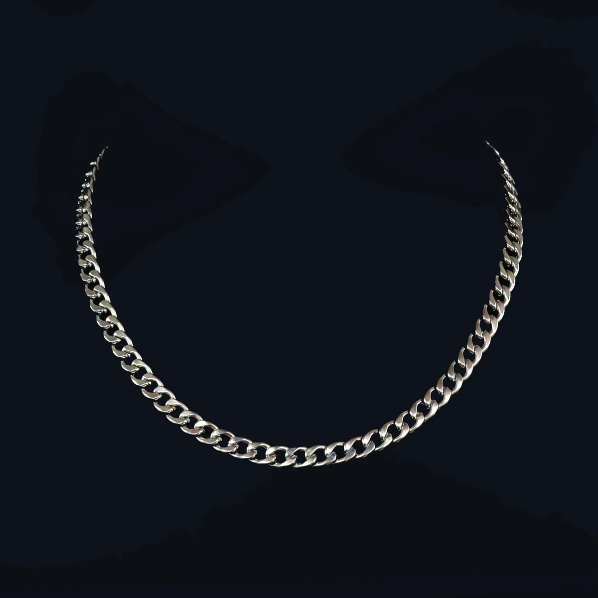 Silver chain necklace with interlocking links.