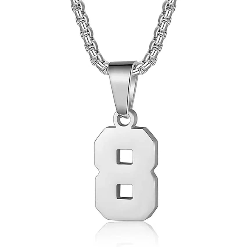 Silver pendant necklace featuring the number 8.