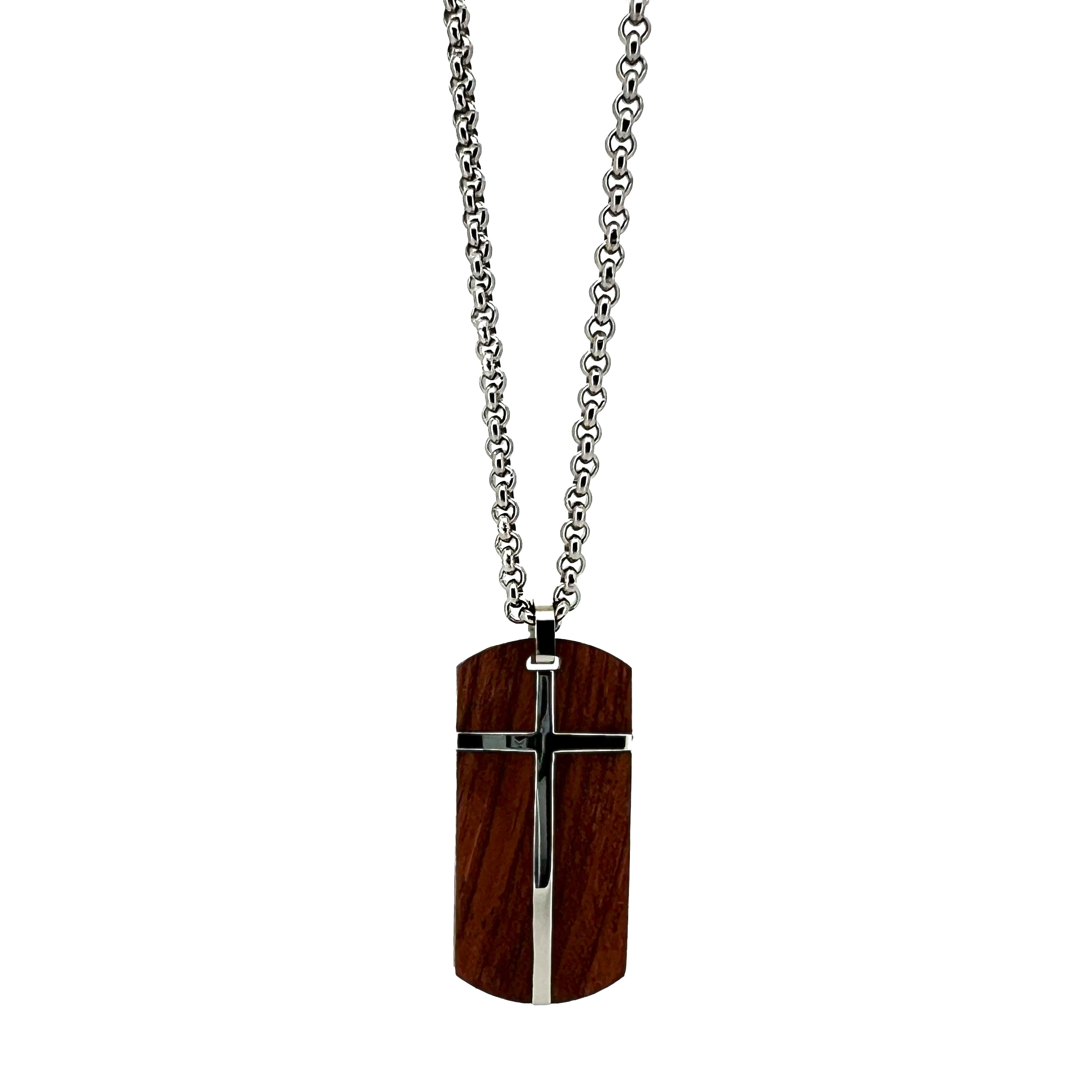 Galeno Stainless Steel Necklace with Rosewood Crucufix Inlay (24’ chain)