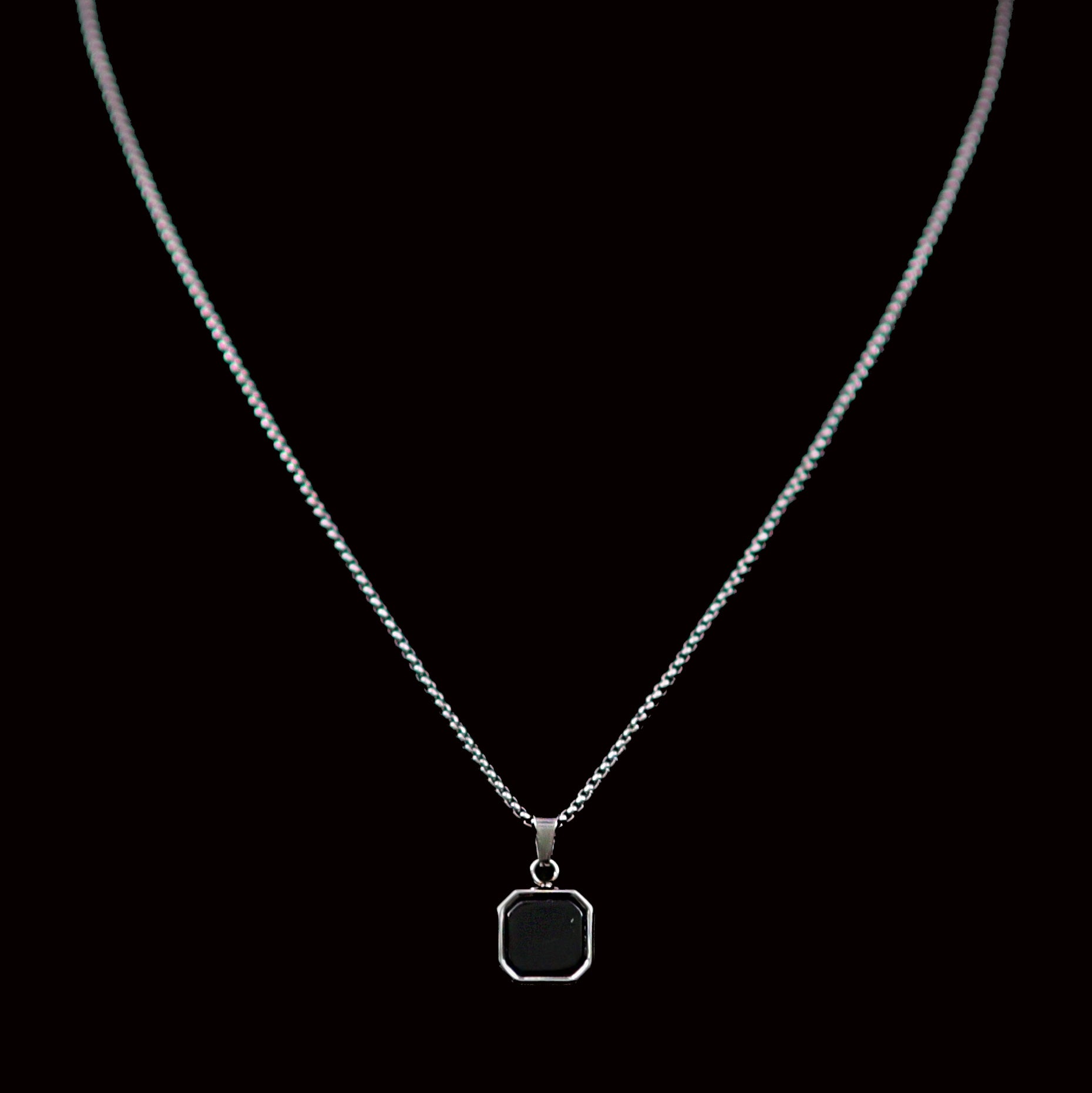Kare Stainless Steel Box Chain Necklace with Square Stone Pendant
