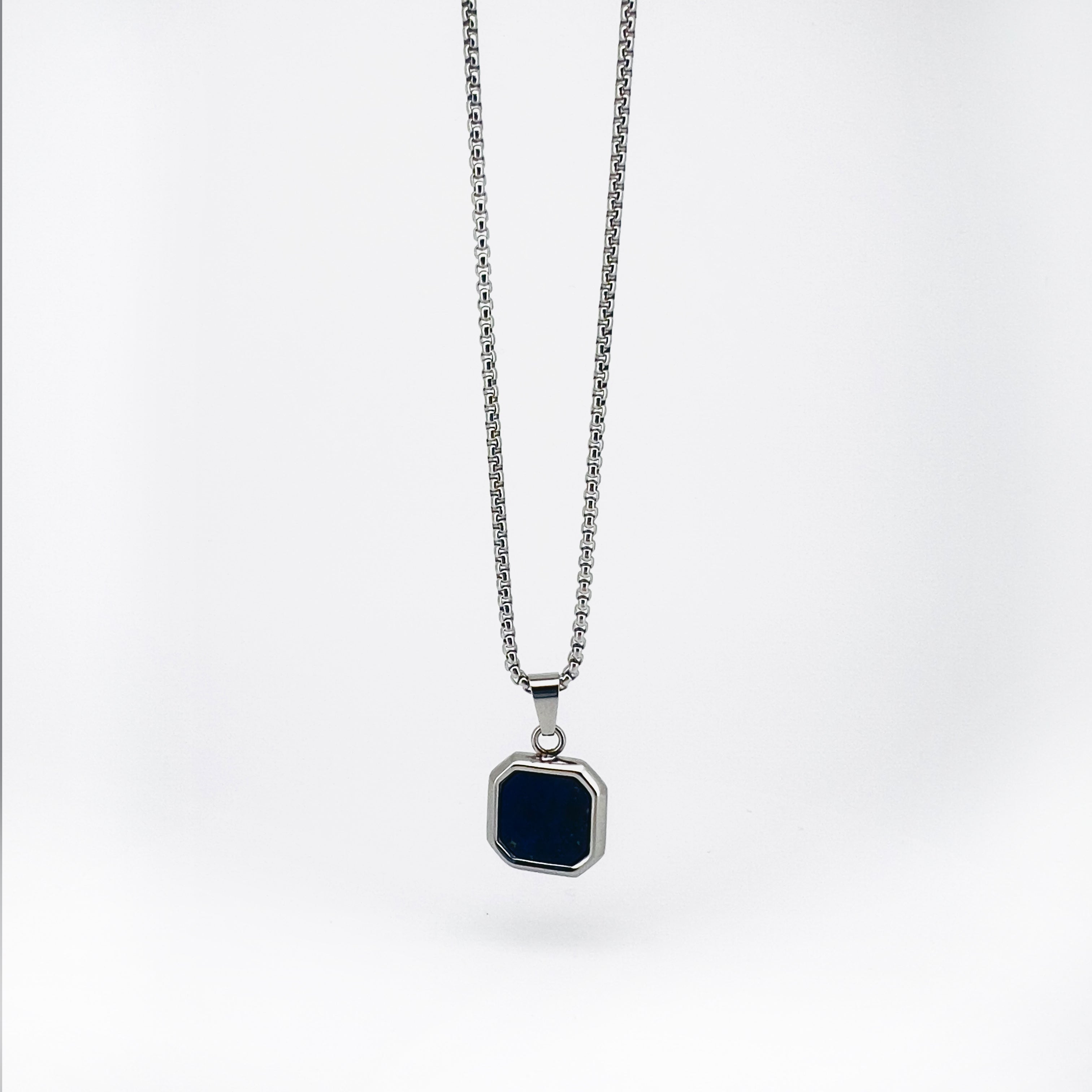 Kare Stainless Steel Box Chain Necklace with Square Stone Pendant