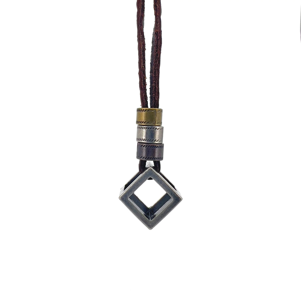 Pendant necklace with a square-shaped charm hanging from a brown cord.