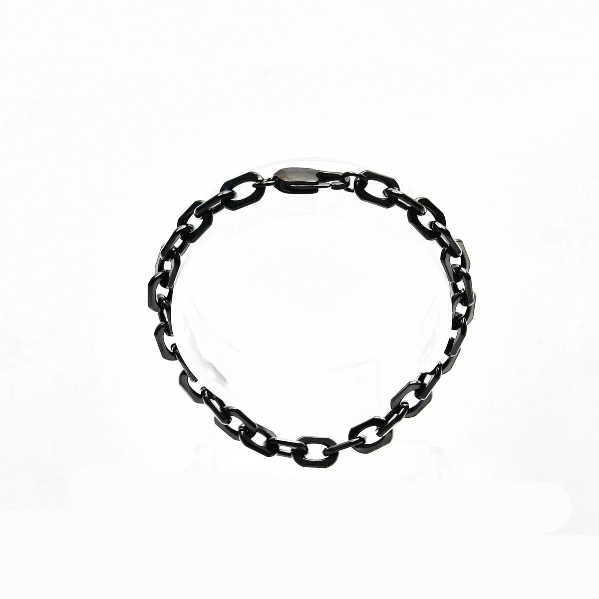 Black metal chain bracelet with oval links.