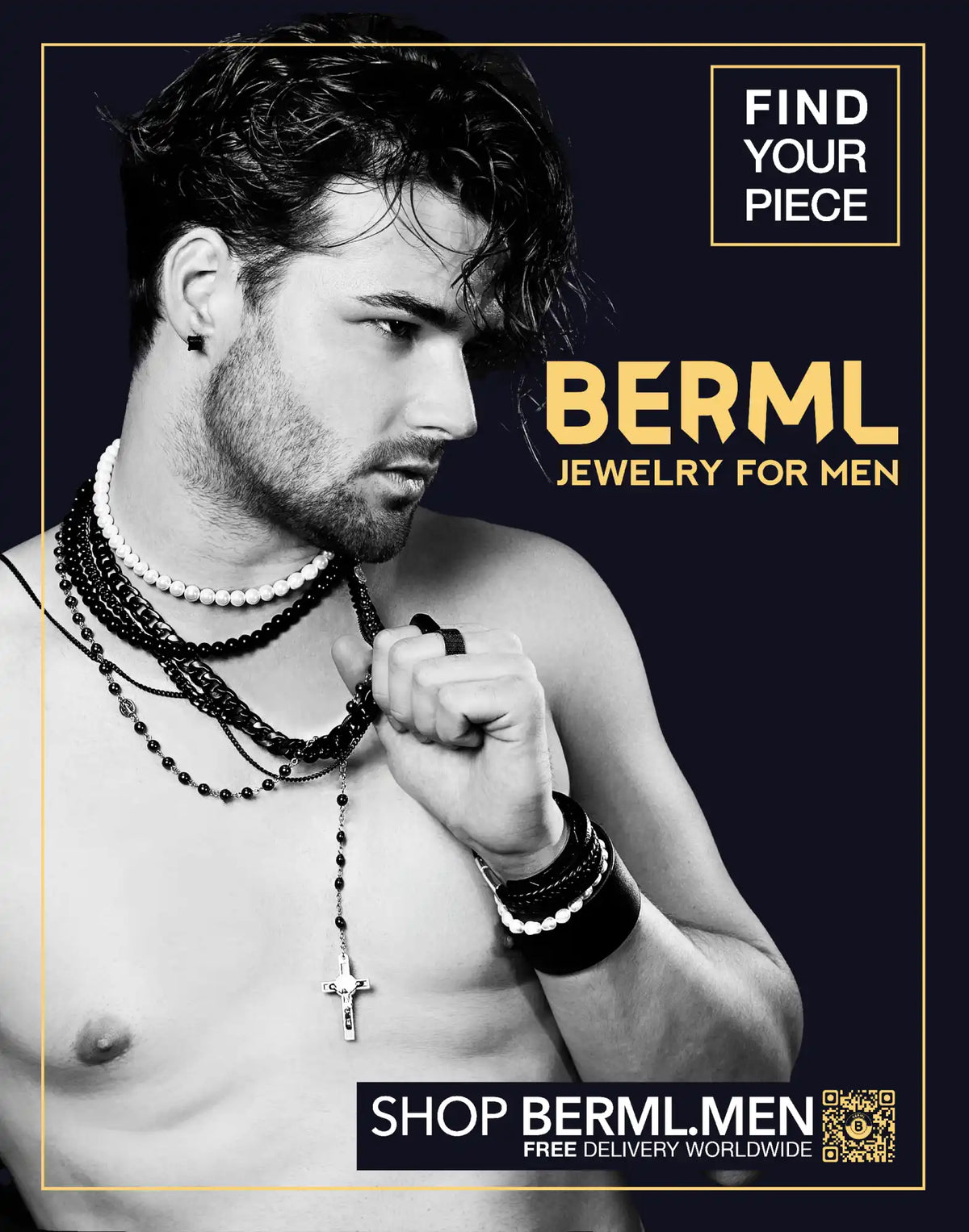 Advertisement for men’s jewelry featuring black beaded necklaces and bracelets.