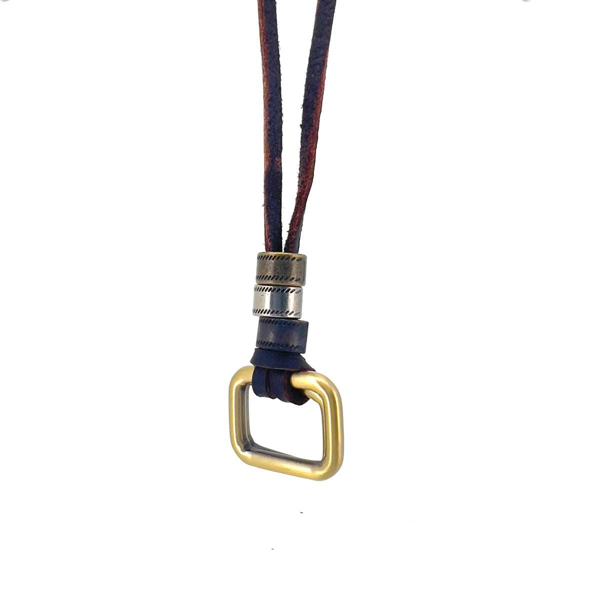 Leather necklace with a brass square pendant or clasp.