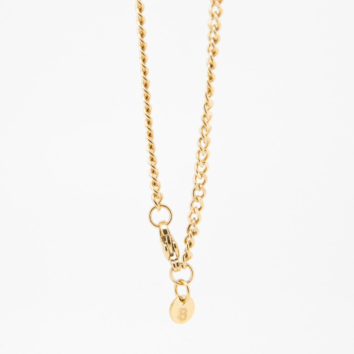 Gold-toned chain necklace with a clasp and small pendant.