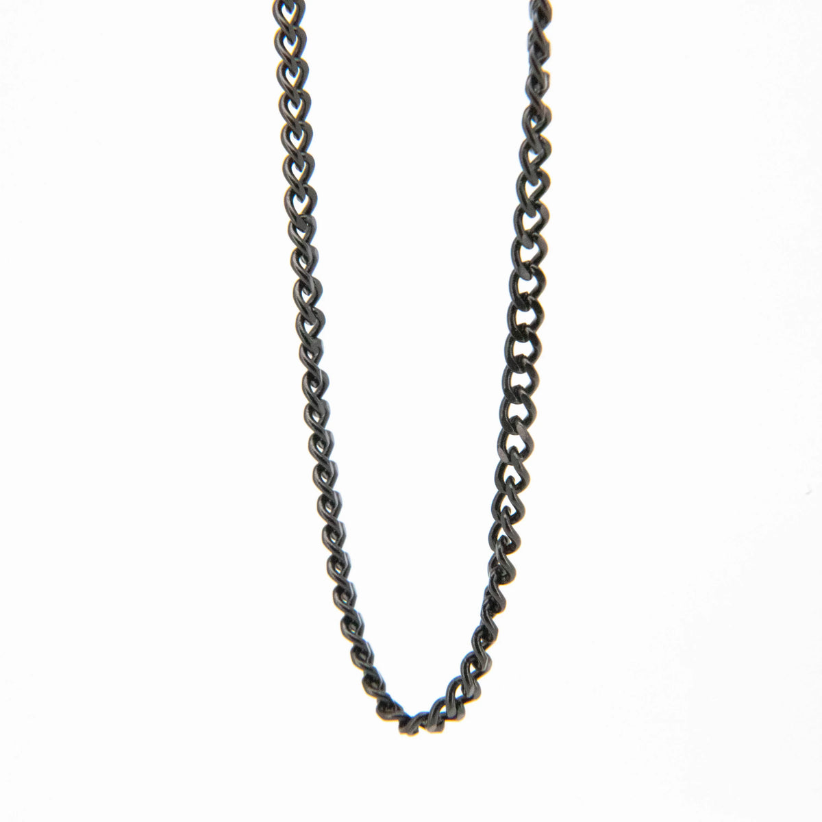 Dark metallic chain necklace with linked loops.