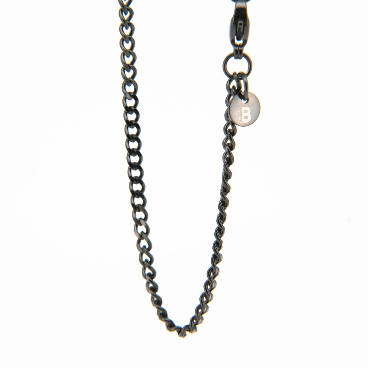 Dark metallic chain necklace with a small pendant charm.