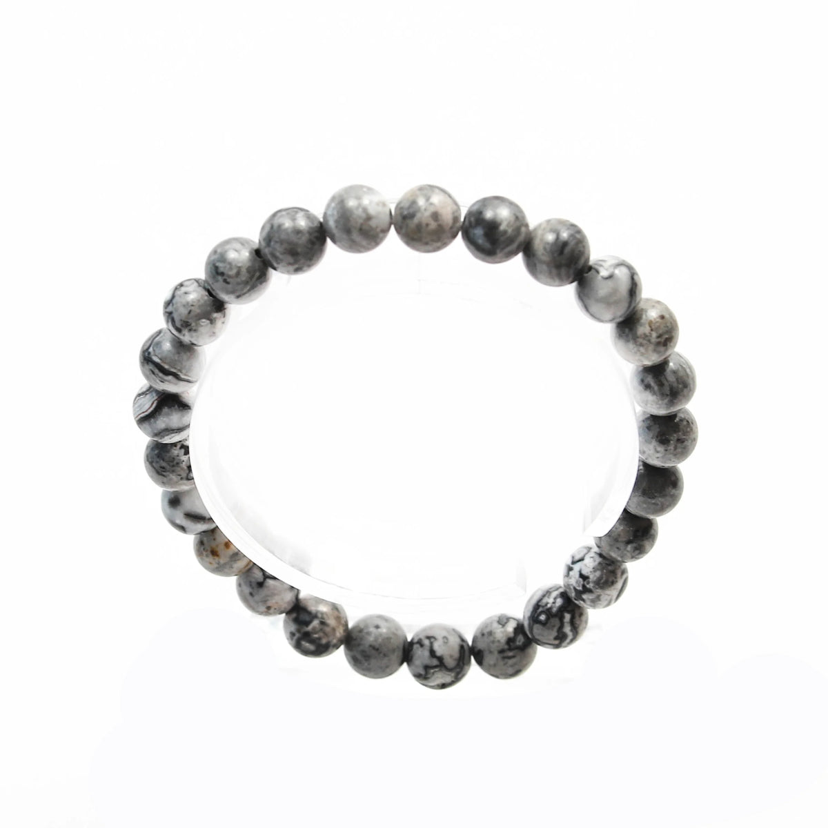 Bracelet made of gray and white marbled stone beads.