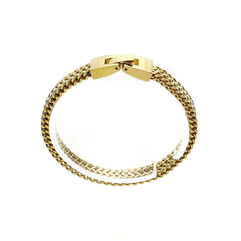 Gold chain bracelet with a distinctive clasp.