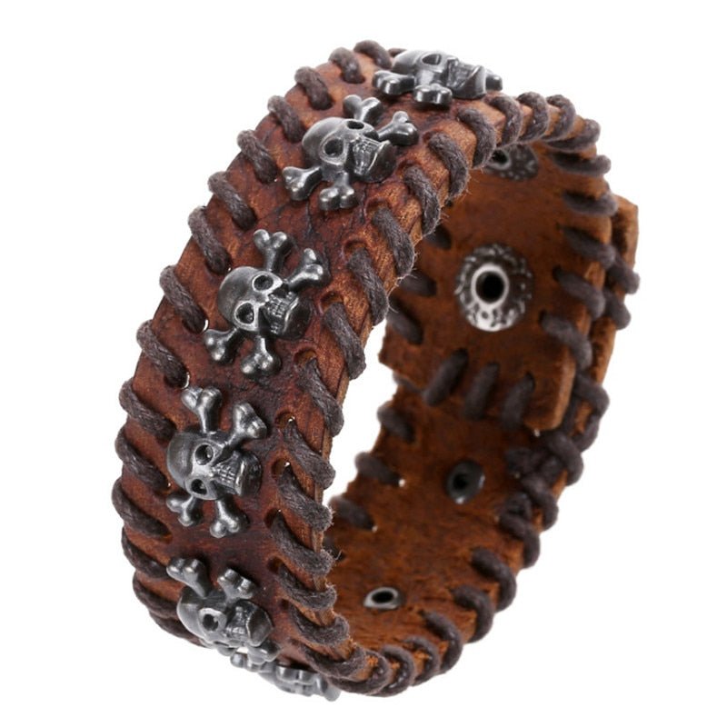 Ferdino Leather Cuff Bracelet with Skeleton Skull