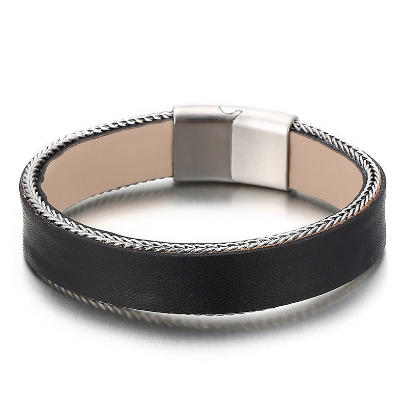 Bracelet en cuir de vachette Dario avec bordure en maille chaîne