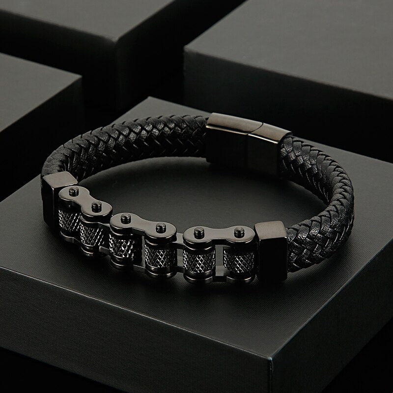 Faustulo Stainless Steel & Cowhide Motorcycle Chain Bracelet