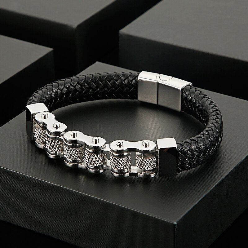 Faustano Stainless Steel & Cowhide Motorcycle Chain Bracelet
