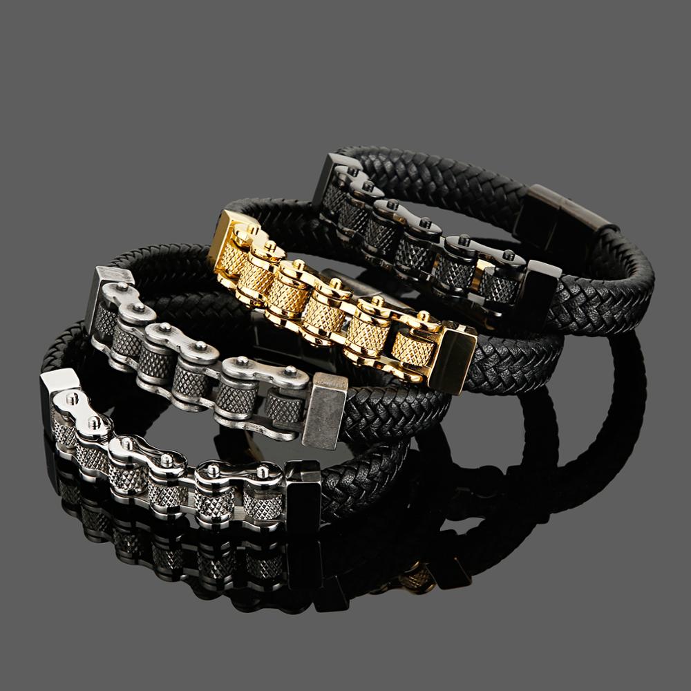 Faustulo Stainless Steel & Cowhide Motorcycle Chain Bracelet