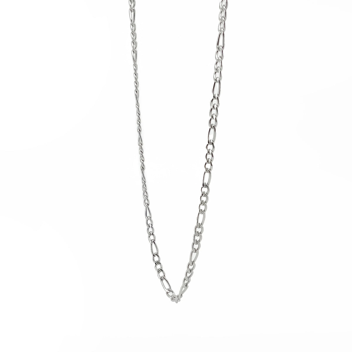 Silver chain necklace with mixed link styles.