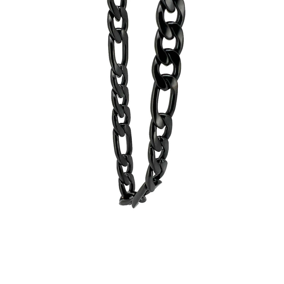 Black metal chain with varying link sizes.