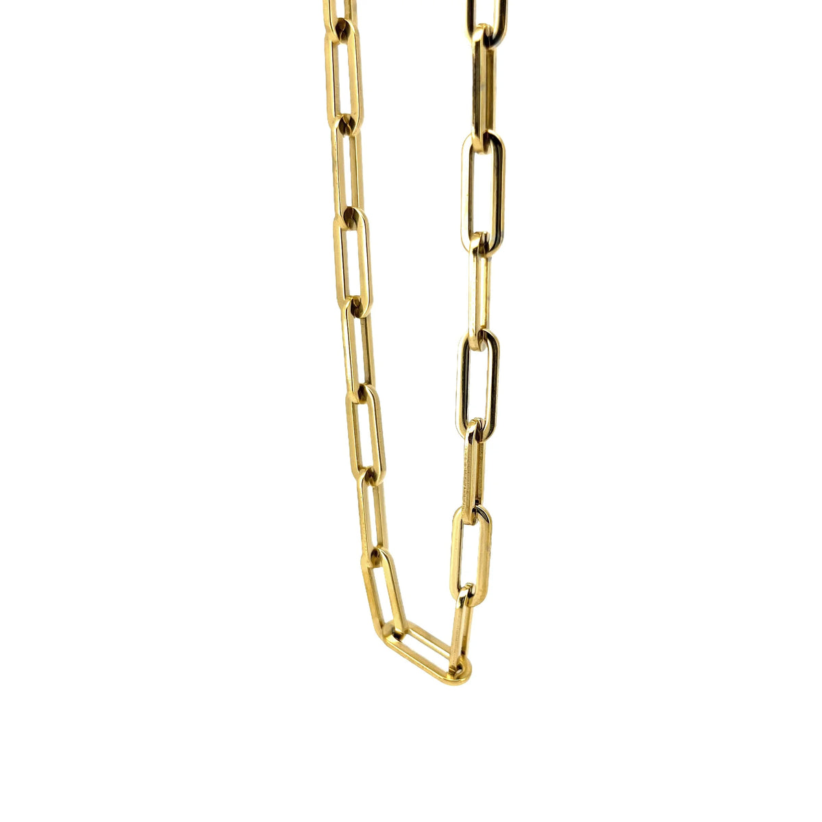 Gold chain with elongated rectangular links.