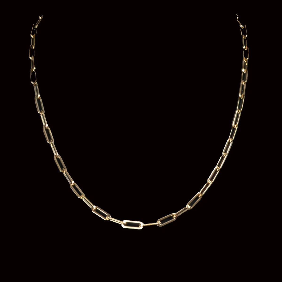 Gold chain necklace with elongated oval links.