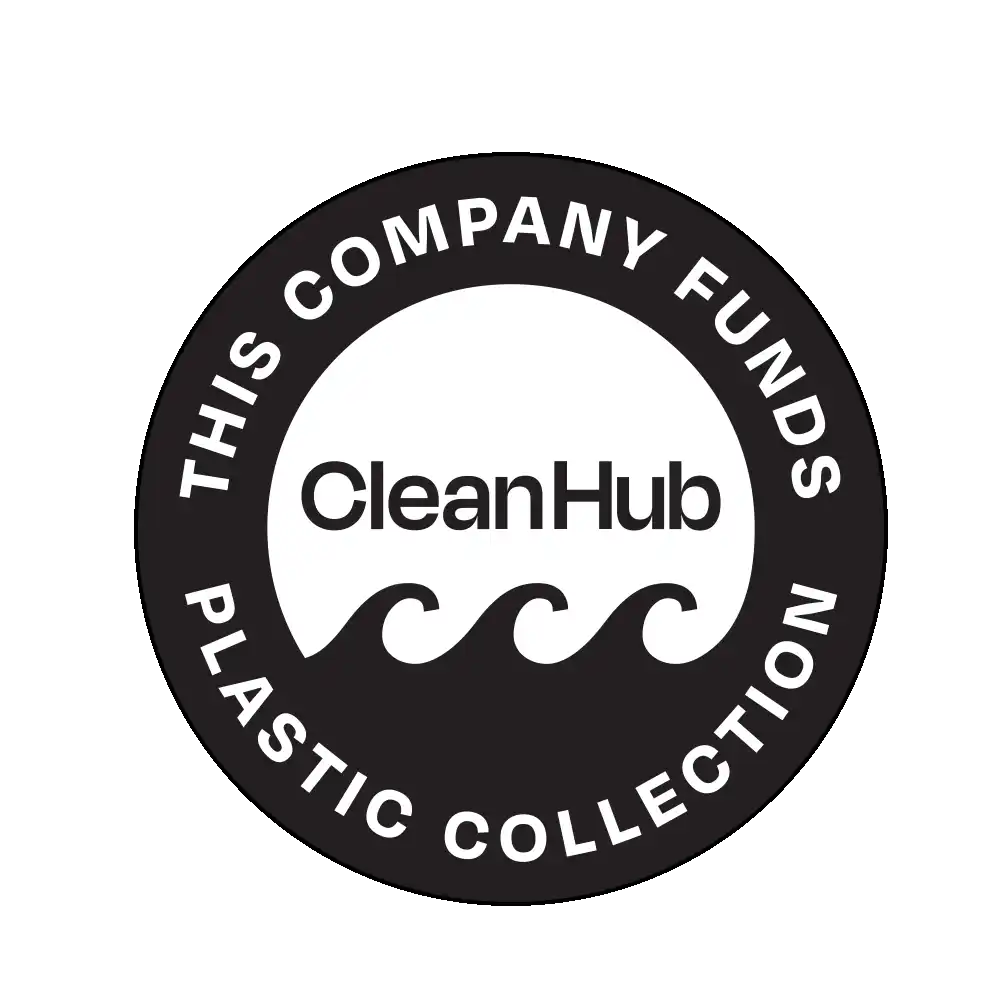 Black circular logo with ’CleanHub’ text and wave design featuring ’This Company Funds Plastic Collection’ around the perimeter.