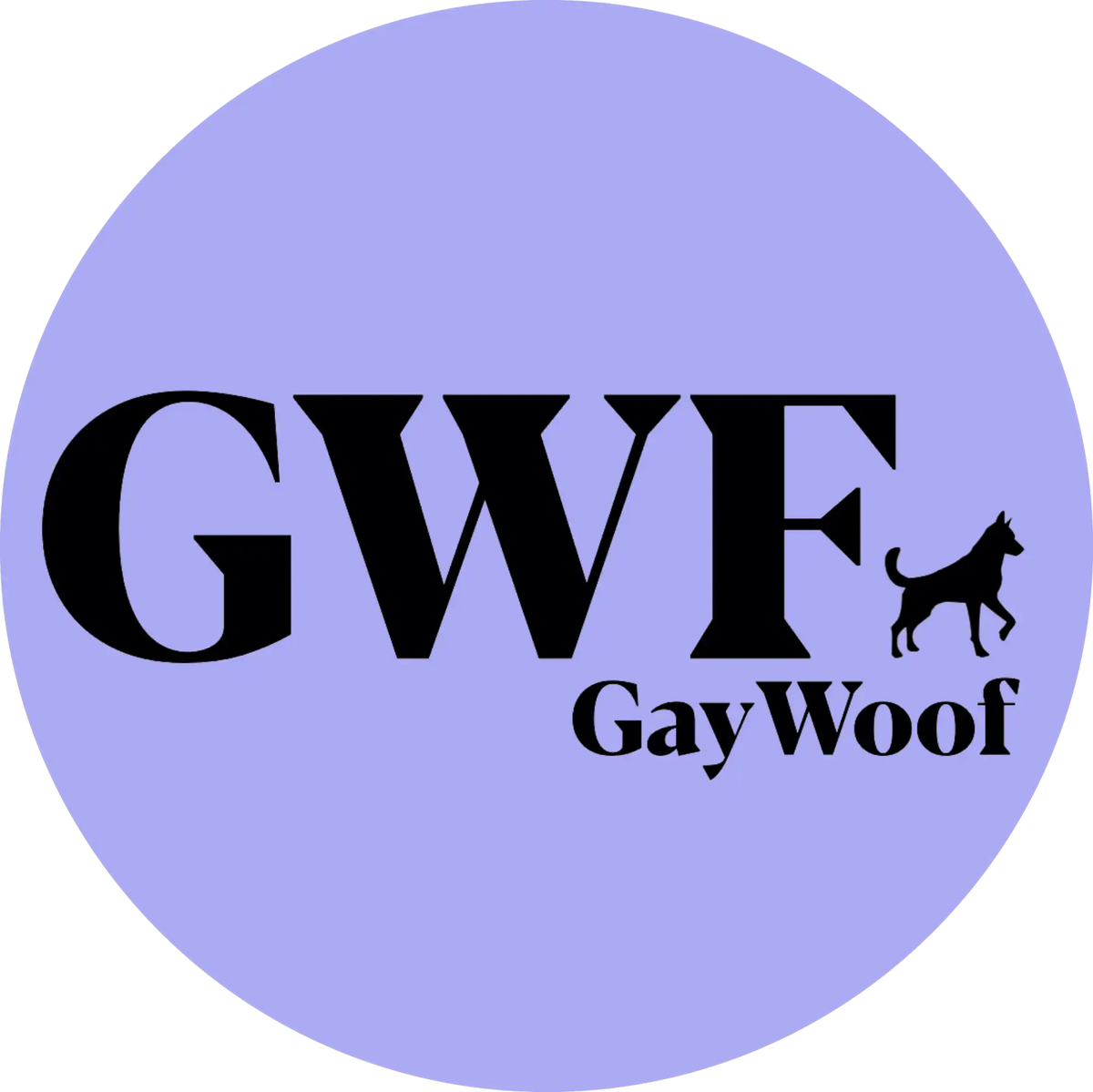 Black text ’GWF GayWoof’ with a small dog silhouette on a circular purple background.