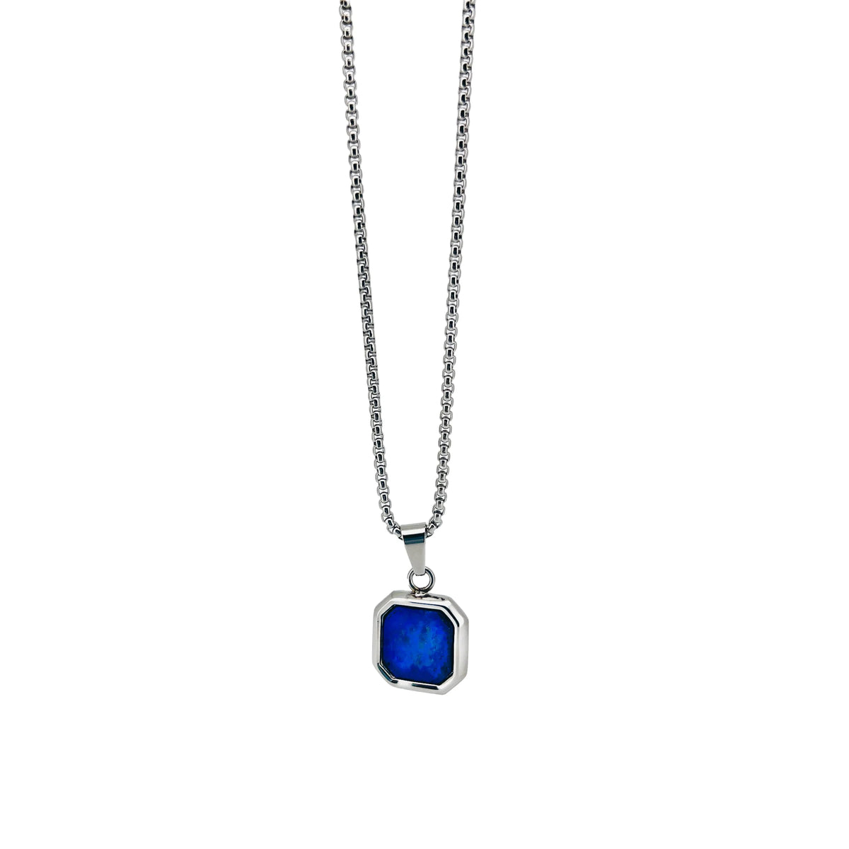 Silver necklace with a square blue gemstone pendant.