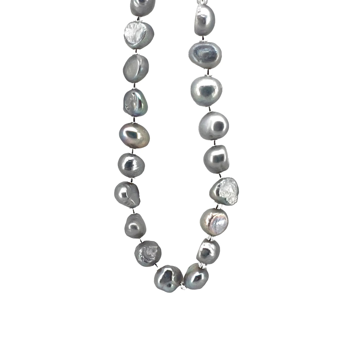 Pearl necklace with irregularly shaped silver-gray pearls strung together.