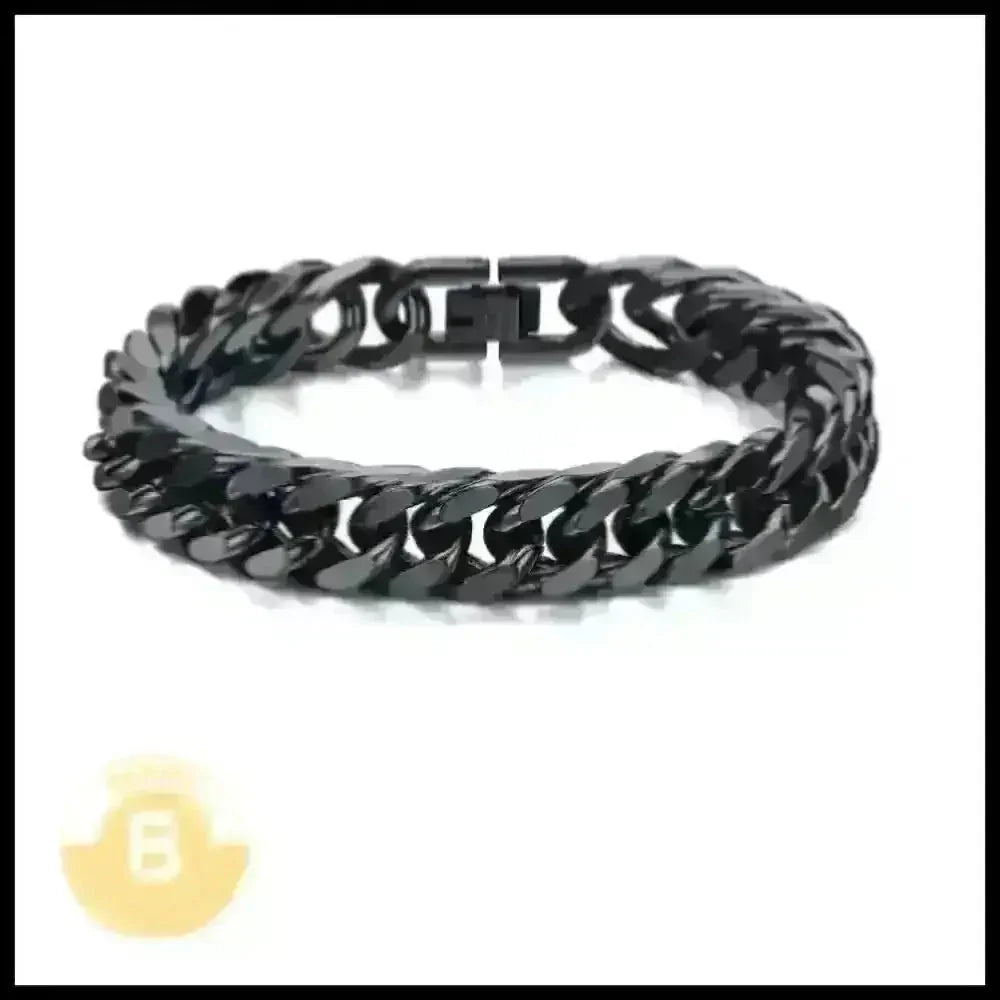 Black metal chain bracelet with thick, interlocking links.