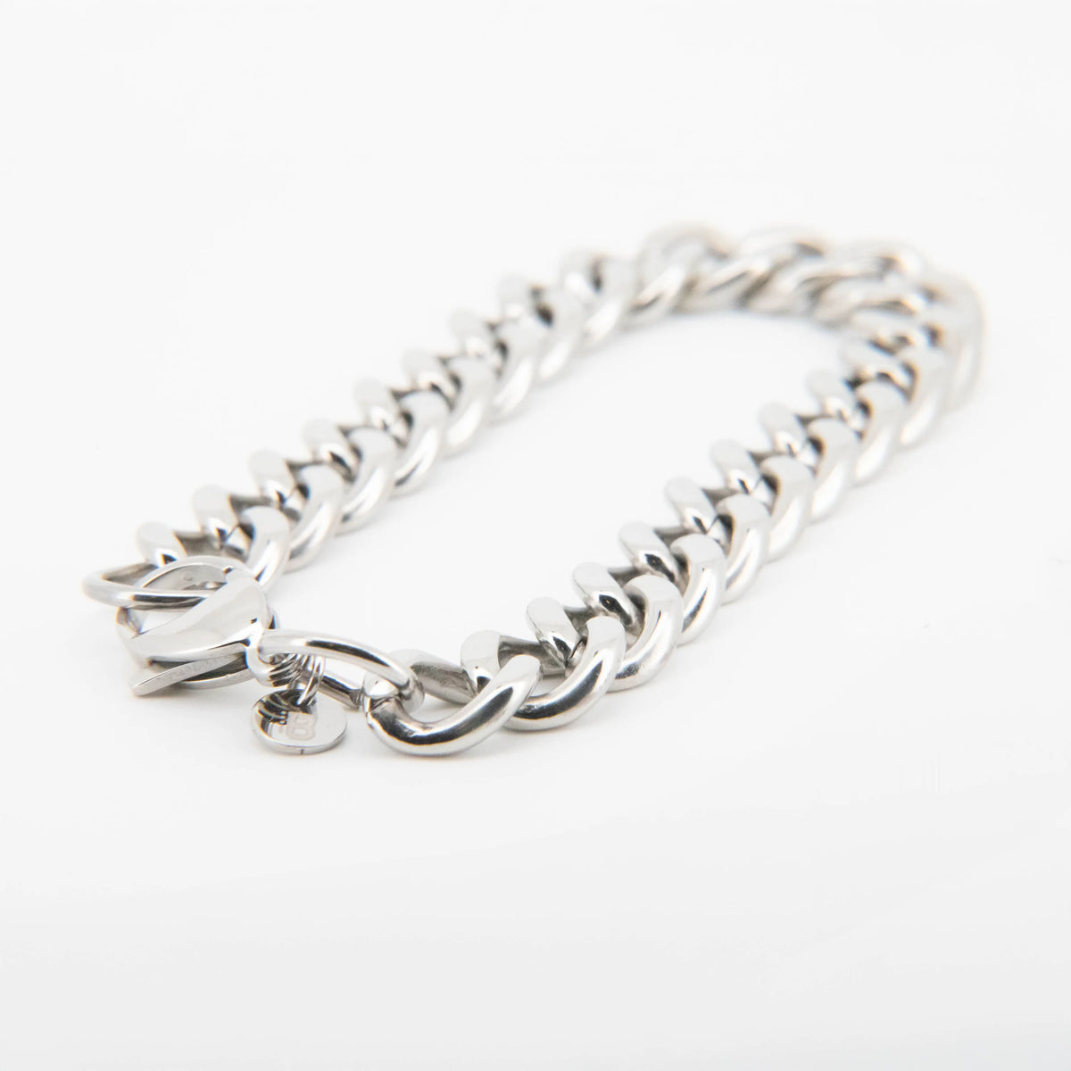 Silver chain bracelet with interlocking links.