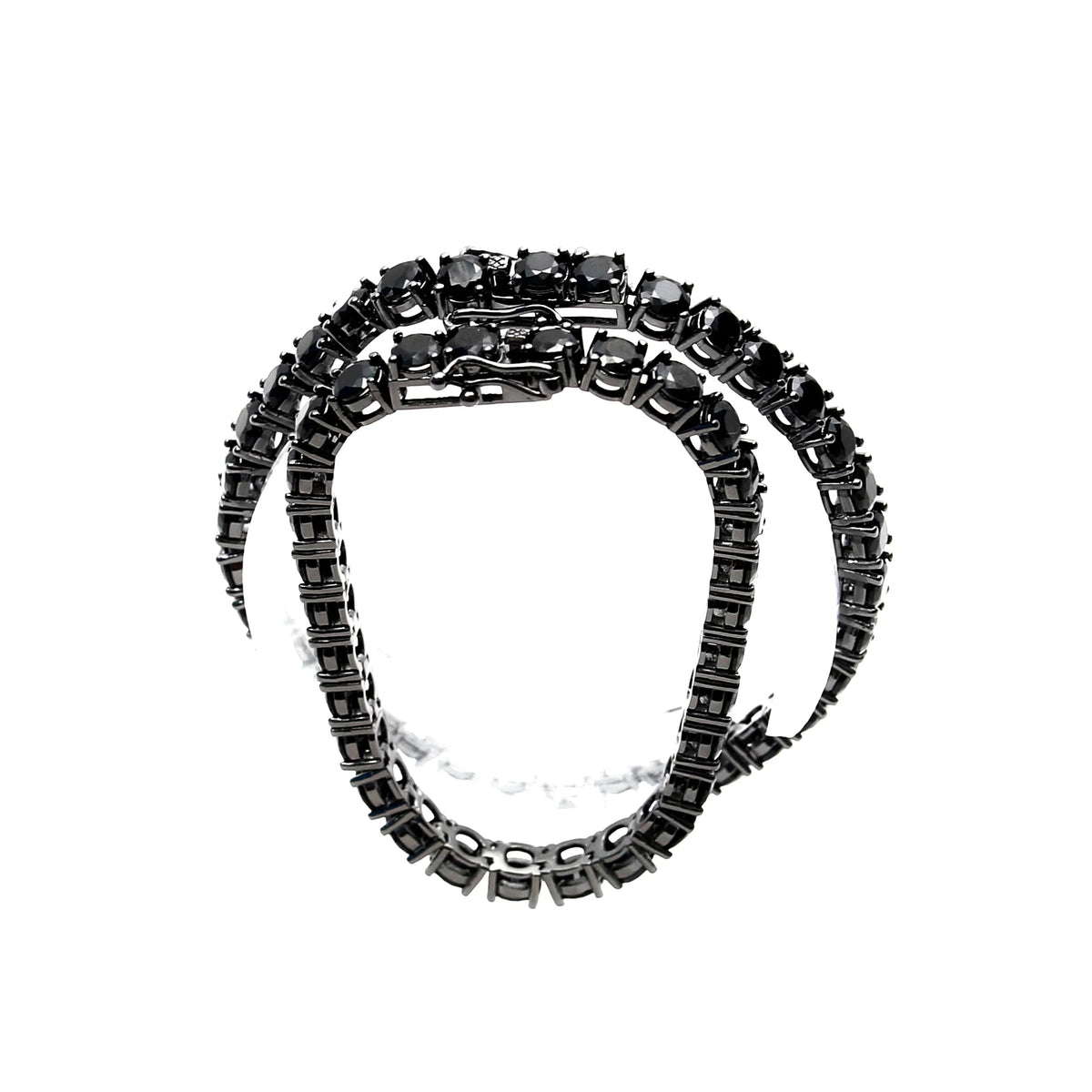 Circular black metal bracelet or necklace with linked segments.