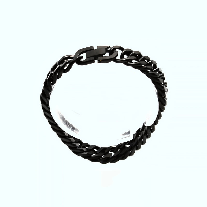 Black metal chain bracelet with interlocking links.