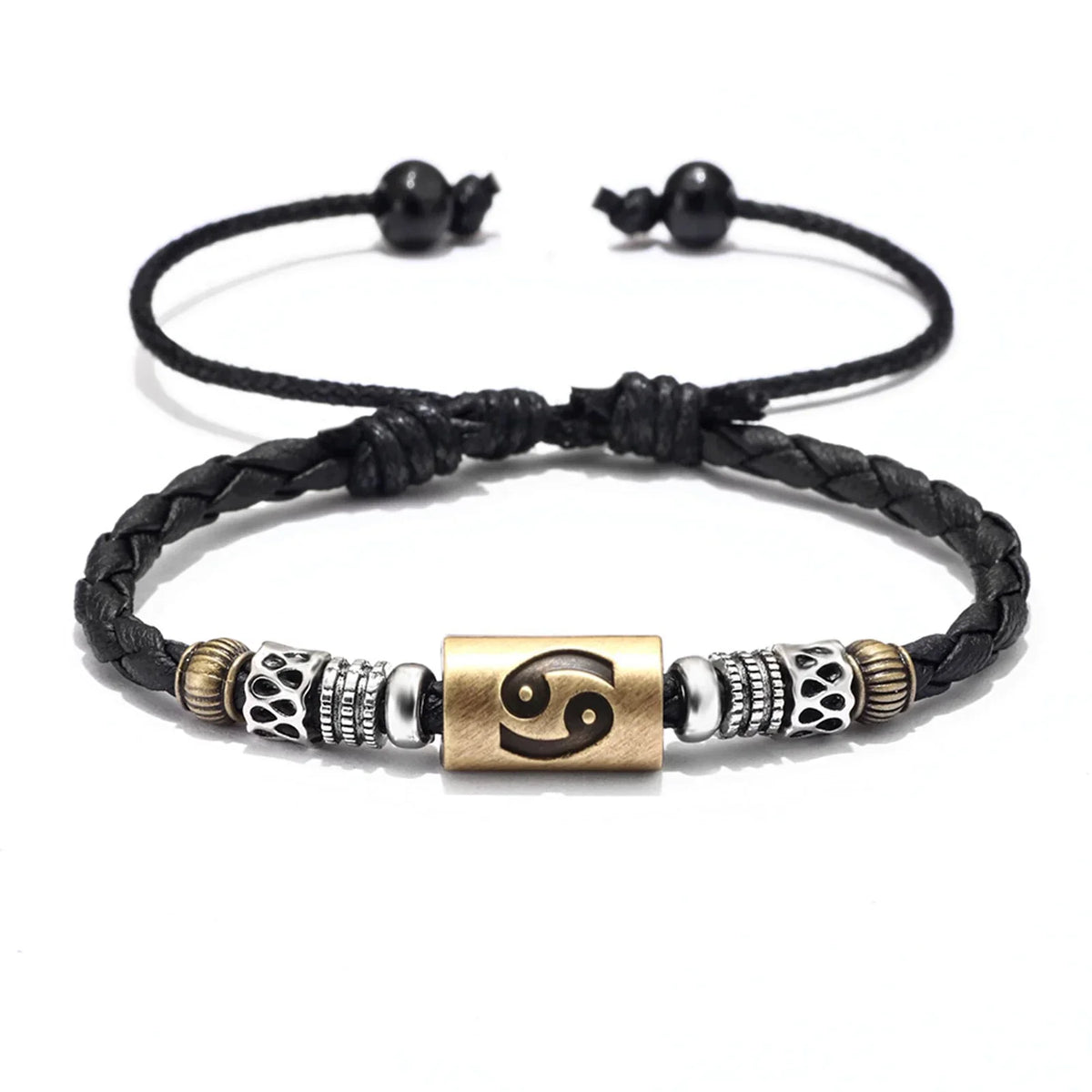 Black leather bracelet with metal beads and a gold-colored Cancer zodiac sign charm.