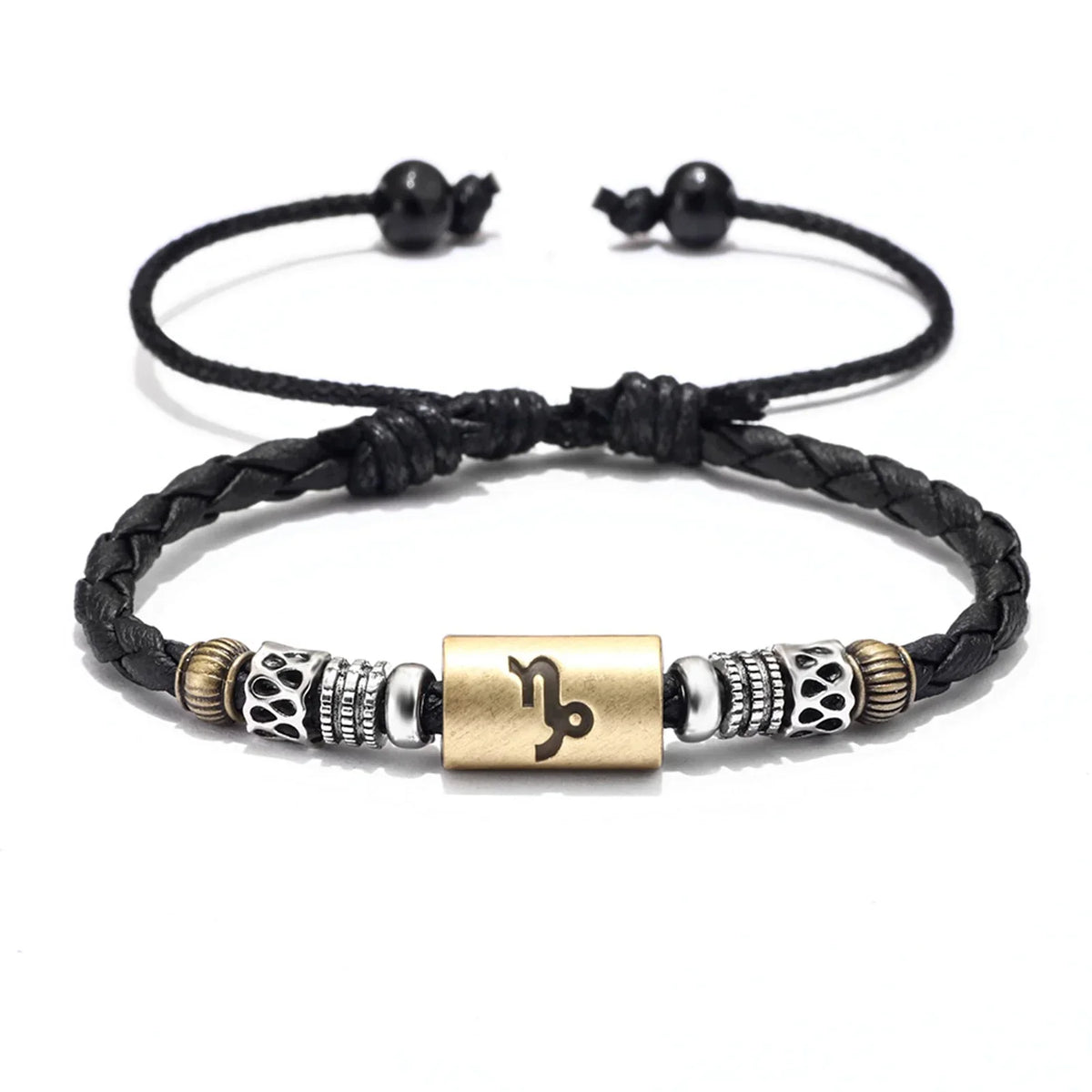 Black leather bracelet with decorative metal beads and a gold-colored zodiac charm.