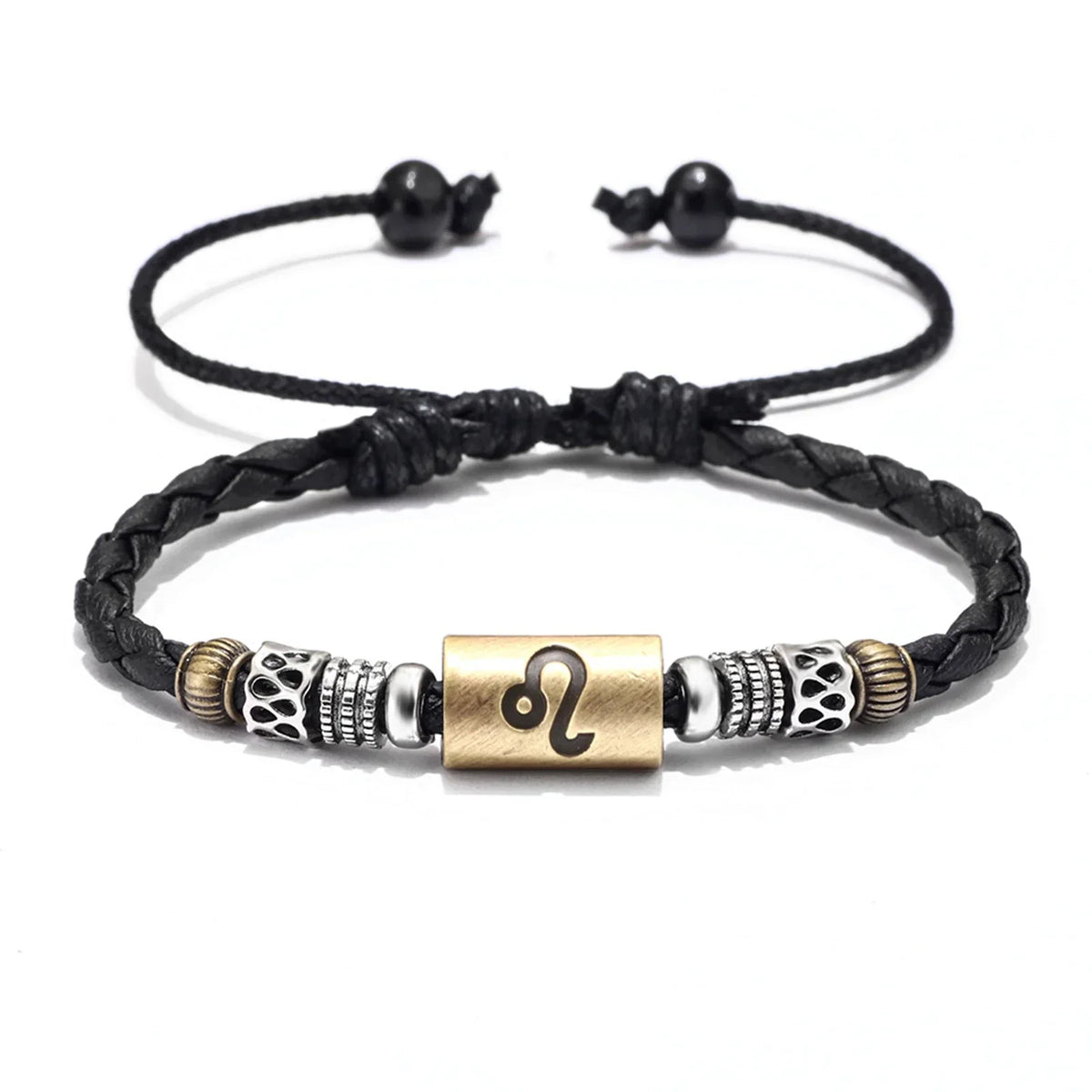 Black leather bracelet with metal beads and a gold-colored zodiac charm.