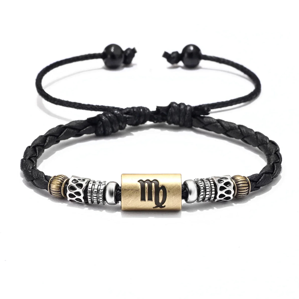 Black leather bracelet with metal beads and a gold zodiac symbol charm.