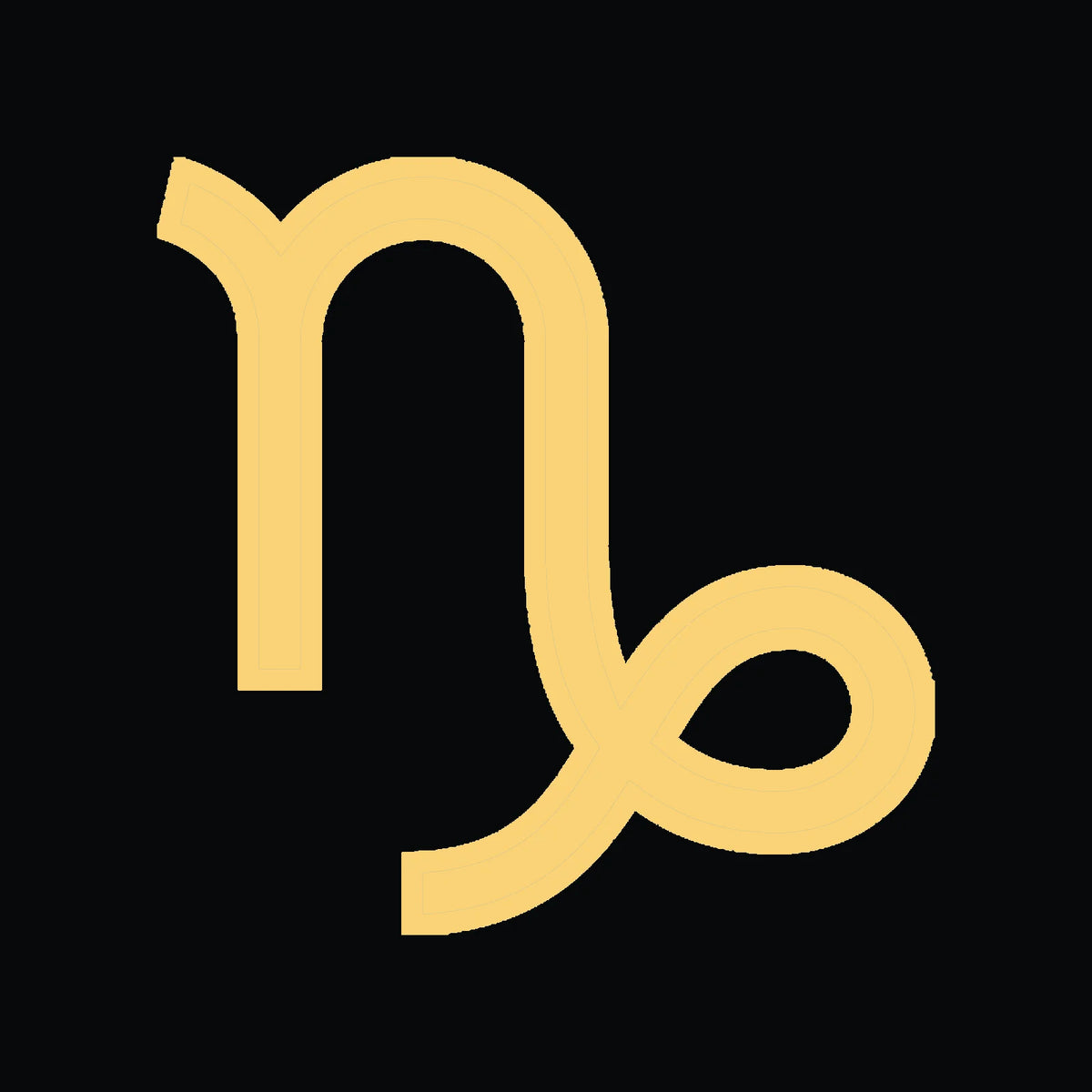 Stylized yellow symbol resembling the astrological sign for Capricorn on a black background.