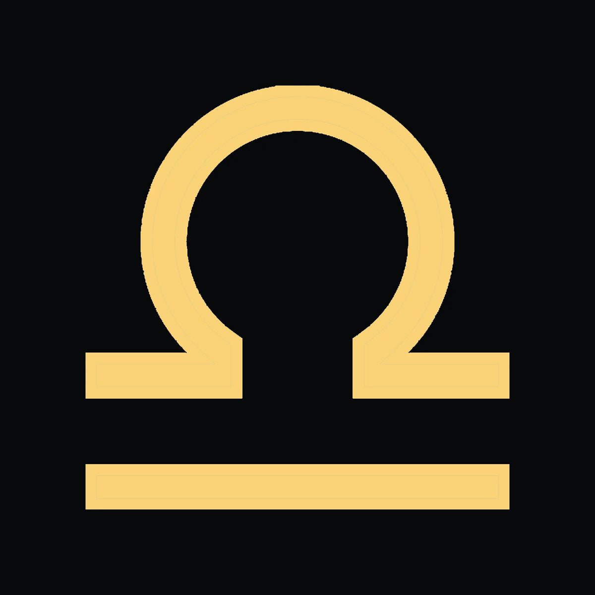 Symbol for the zodiac sign Libra in yellow on a black background.