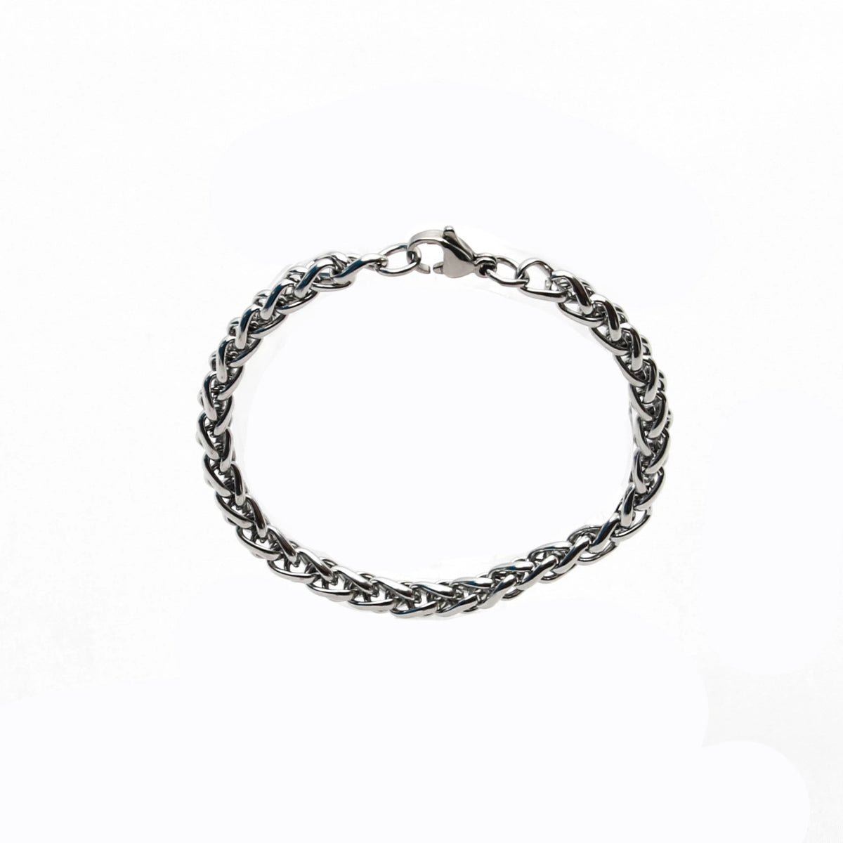 Silver chain bracelet with an interwoven link design.