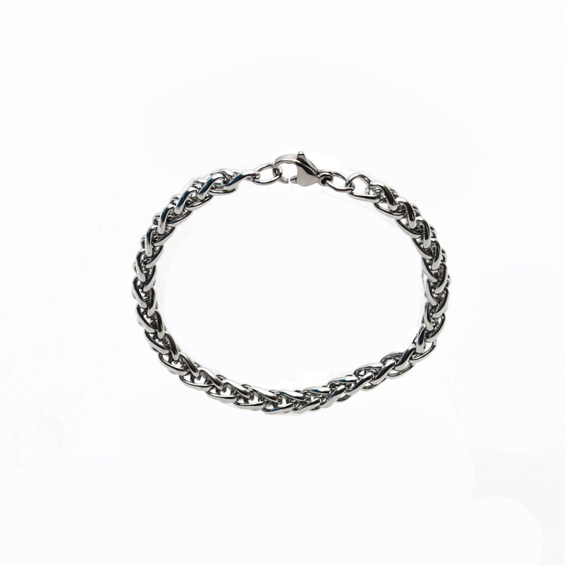 Silver chain bracelet with an interwoven link design.