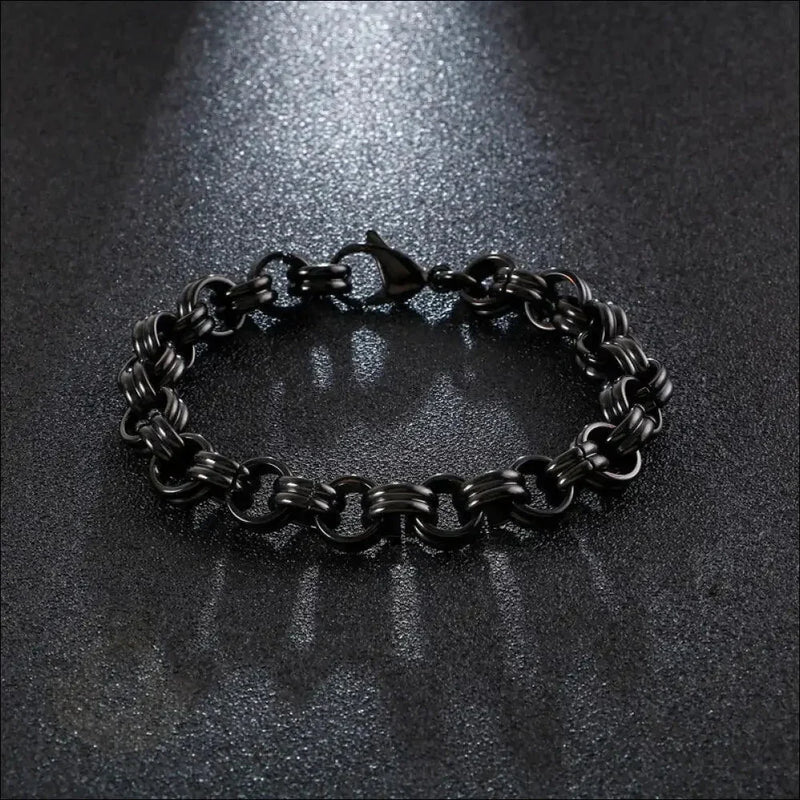 Black metal chain bracelet with interlocking links.