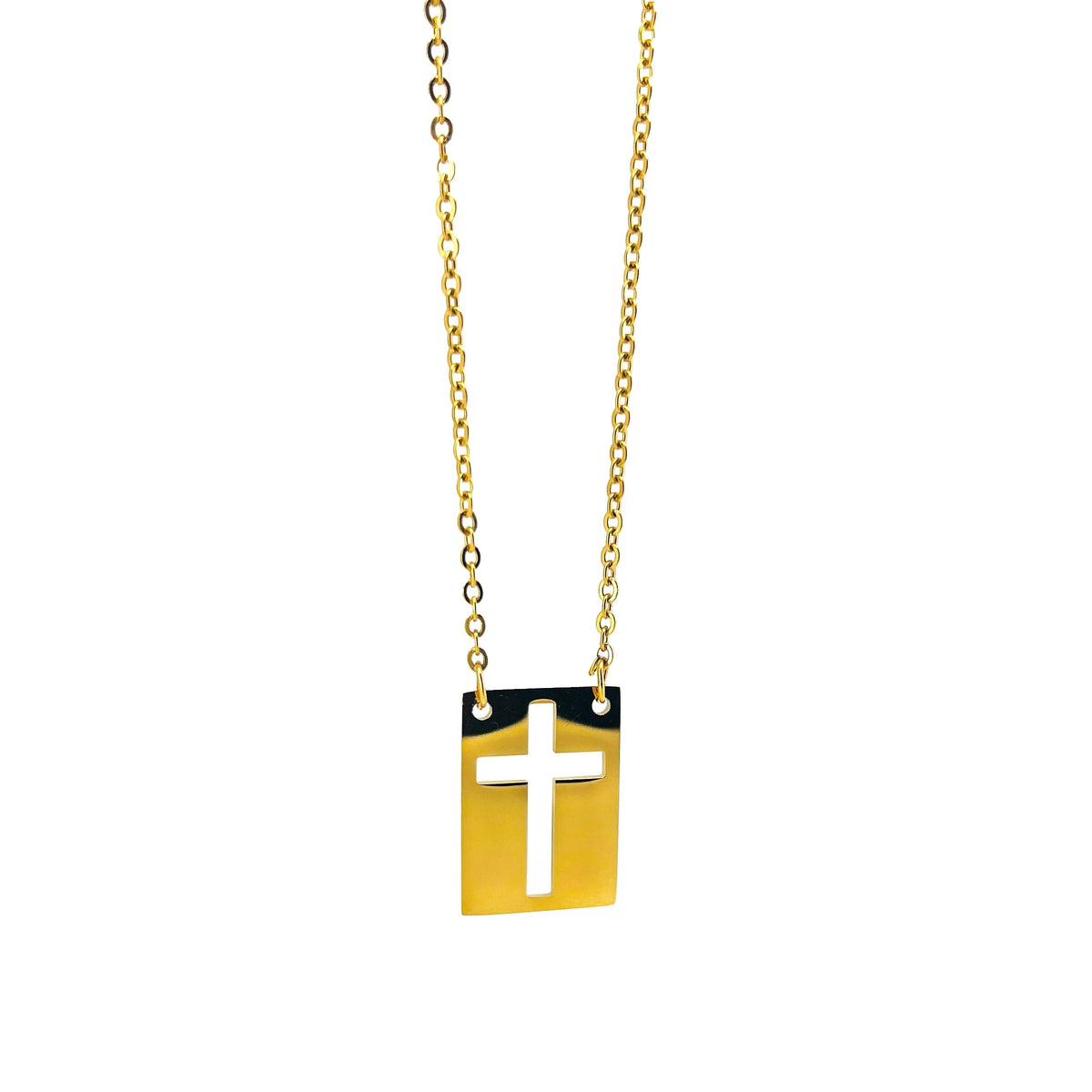 Gold pendant necklace featuring a white cross cutout design on a rectangular plate.
