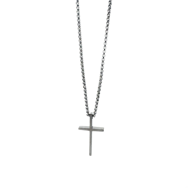 Silver cross pendant on a chain necklace.