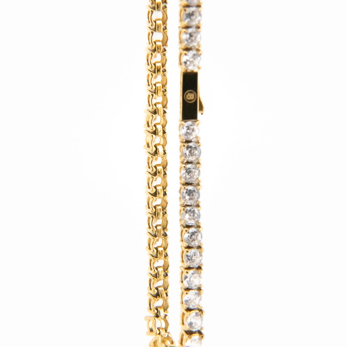 Gold chain necklace with a parallel row of diamond or crystal stones.