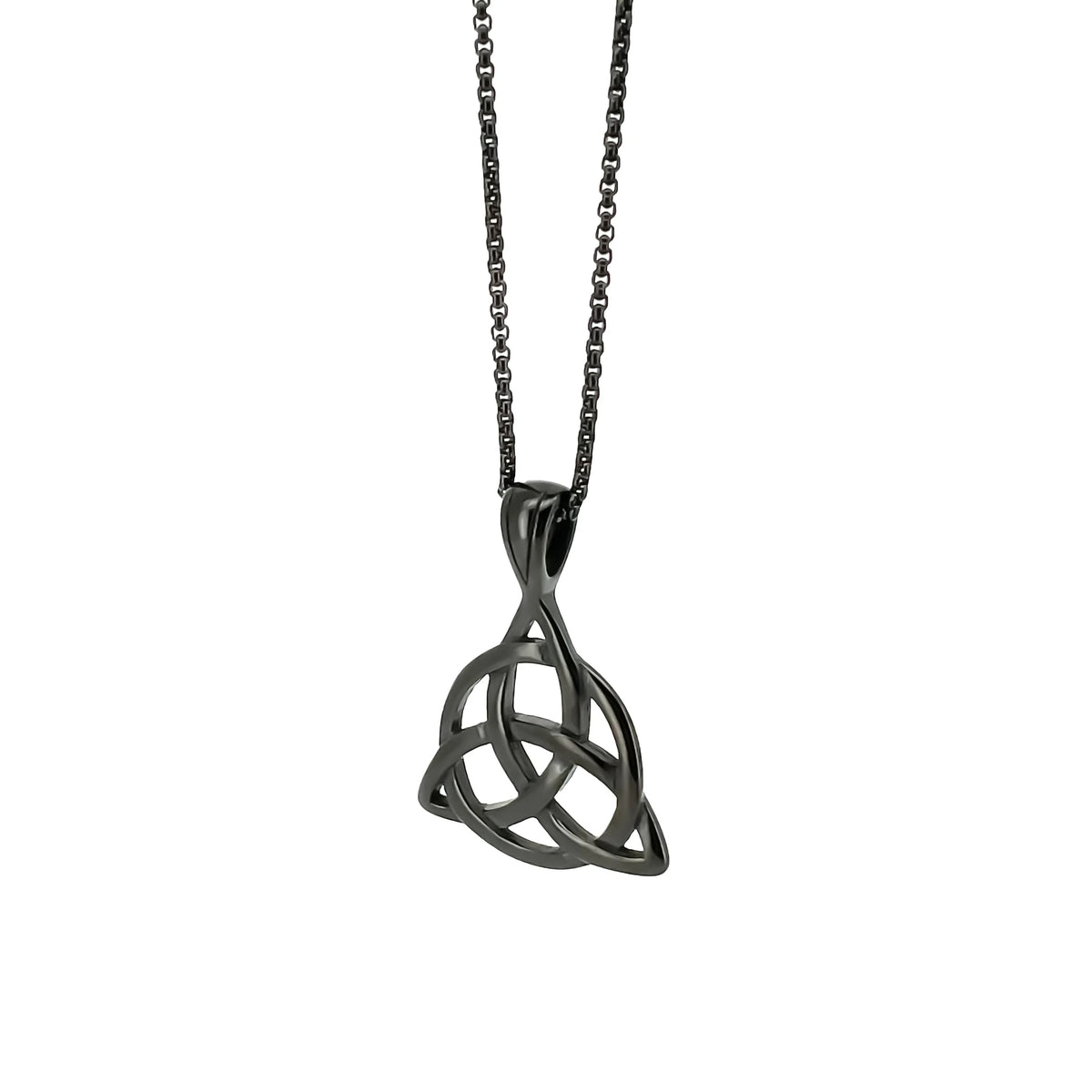 Celtic trinity knot pendant on a dark chain necklace.